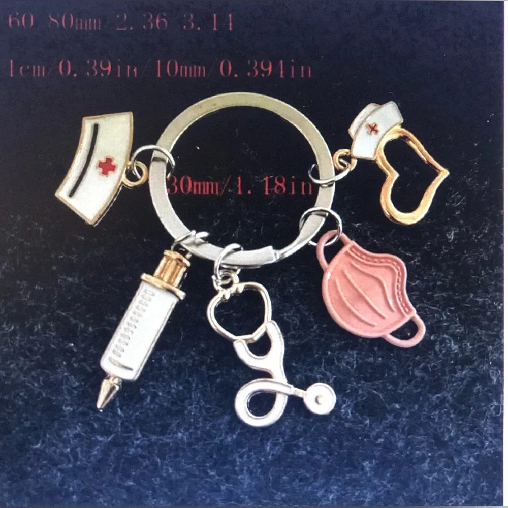 Keychain ring Doctor Nurse love cap  Medical Mask Syringe Stethoscope. White
